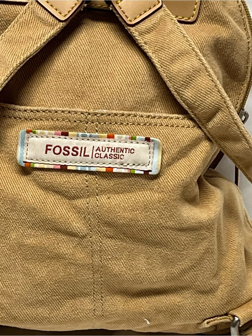 Fossil Tan Canvas Backpack with Multicolor Trim